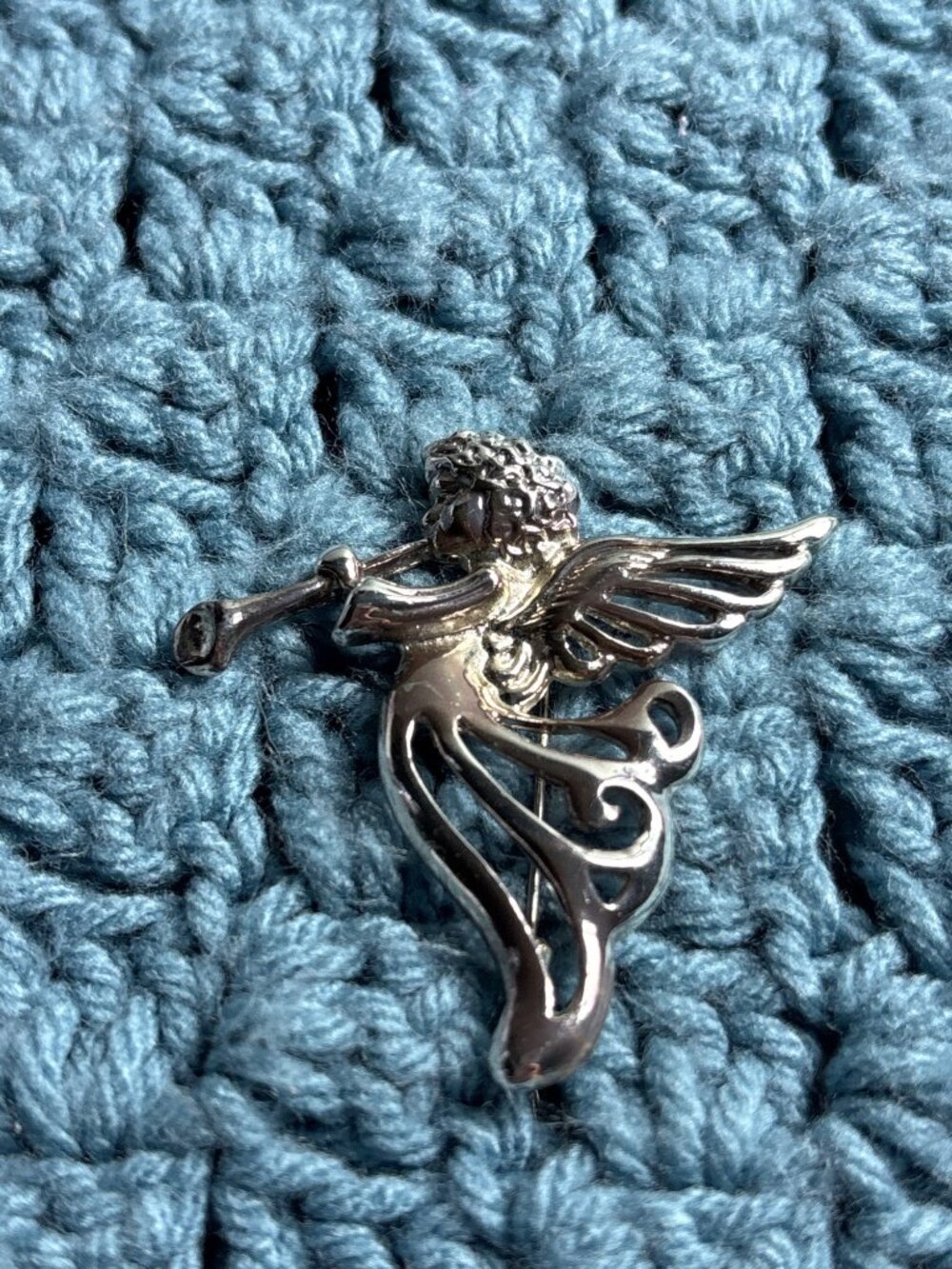 Vintage AAI Signed Silvertone Angel Brooch Pin Playing Trumpet 2.25 inches